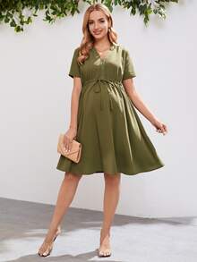 SHEIN Maternity Notch Neck Drawstring Waist Dress - Army Green - View 3