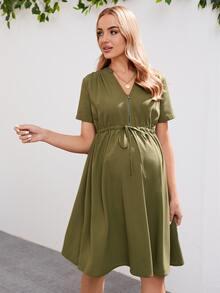 SHEIN Maternity Notch Neck Drawstring Waist Dress - Army Green - View 5