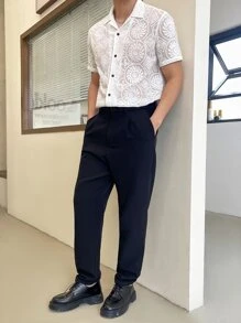 GENTILAND Men's Loose Fit Floral Embroidery Lapel Collar Short Sleeve Button Up Plain All White Shirt For Going Out Masculine - White - View 3