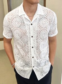 GENTILAND Men's Loose Fit Floral Embroidery Lapel Collar Short Sleeve Button Up Plain All White Shirt For Going Out Masculine - White - View 4