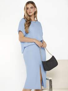 BizChic T-shirt unicolore à revers & Jupe fendue