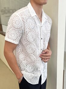 GENTILAND Men's Loose Fit Floral Embroidery Lapel Collar Short Sleeve Button Up Plain All White Shirt For Going Out Masculine - White - View 6