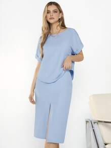 BizChic T-shirt unicolore à revers & Jupe fendue