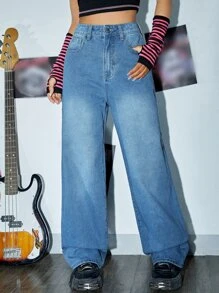 SHEIN Slant Pocket Straight Leg Jeans Without Belt - Medium Wash - View 1