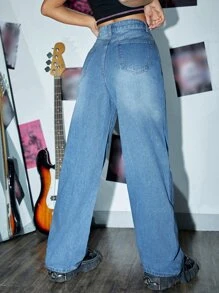 SHEIN Slant Pocket Straight Leg Jeans Without Belt - Medium Wash - View 2