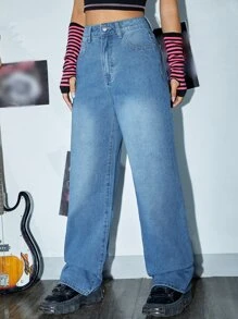 SHEIN Slant Pocket Straight Leg Jeans Without Belt - Medium Wash - View 3