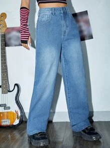 SHEIN Slant Pocket Straight Leg Jeans Without Belt - Medium Wash - View 5