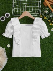 SHEIN Chicas Blusa ribete con fruncido de manga farol - Blanco - Ver 1