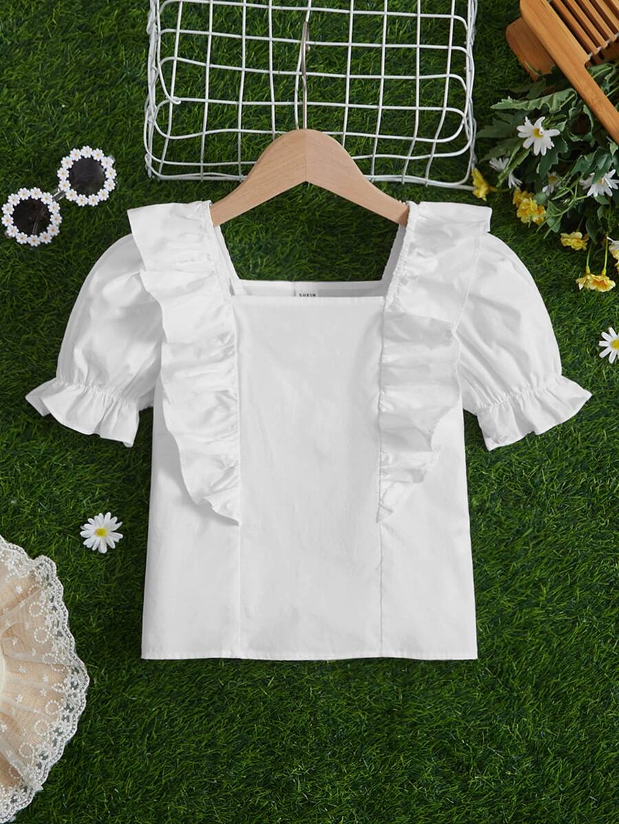 SHEIN Chicas Blusa ribete con fruncido de manga farol - Blanco - Ver 1
