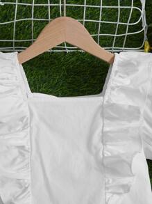 SHEIN Chicas Blusa ribete con fruncido de manga farol - Blanco - Ver 3