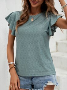 SHEIN Clasi Butterfly Sleeve Round Neck Tee - Green - View 4