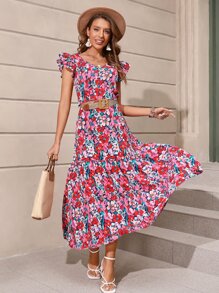 SHEIN Clasi Allover Floral Print Ruffle Trim Crop Top & Skirt Without Belt - Multicolor - View 5