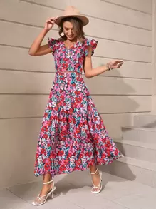 SHEIN Clasi Allover Floral Print Ruffle Trim Crop Top & Skirt Without Belt - Multicolor - View 1