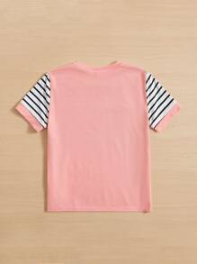 SHEIN 少女夏季短袖T恤，花朵圖案印花和條紋拼接設計 - 彩色 - 查看 2