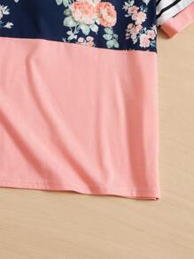 SHEIN 少女夏季短袖T恤，花朵圖案印花和條紋拼接設計 - 彩色 - 查看 3