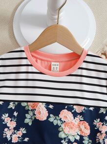 SHEIN 少女夏季短袖T恤，花朵圖案印花和條紋拼接設計 - 彩色 - 查看 4