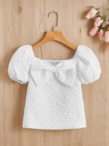 SHEIN Girls Puff Sleeve Bow Front Blouse - White - View 1