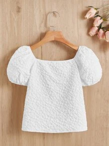 SHEIN Girls Puff Sleeve Bow Front Blouse - White - View 2