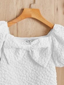 SHEIN Girls Puff Sleeve Bow Front Blouse - White - View 3