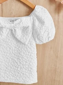 SHEIN Girls Puff Sleeve Bow Front Blouse - White - View 4