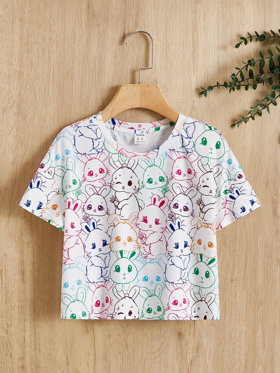SHEIN 女孩兔子印花T恤 - 彩色 - 查看 1