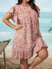 SHEIN Holidaya Vestido con estampado floral de manga mariposa bajo con fruncido - Rosa vieja - Ver 1