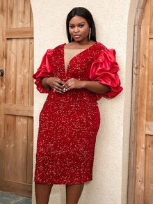 Đầm Plus Size Chia Tương phản Mesh màu trơn Buổi tiệc - Màu Đỏ Sâu - Xem 7