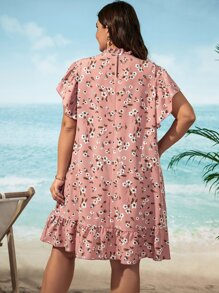SHEIN Holidaya Vestido con estampado floral de manga mariposa bajo con fruncido - Rosa vieja - Ver 2