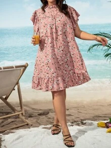 SHEIN Holidaya Vestido con estampado floral de manga mariposa bajo con fruncido - Rosa vieja - Ver 3