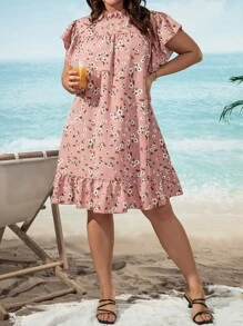 SHEIN Holidaya Vestido con estampado floral de manga mariposa bajo con fruncido - Rosa vieja - Ver 4
