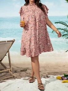SHEIN Holidaya Vestido con estampado floral de manga mariposa bajo con fruncido - Rosa vieja - Ver 6