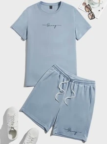 Manfinity Men Letter Graphic Tee & Drawstring Waist Shorts - Baby Blue - View 1
