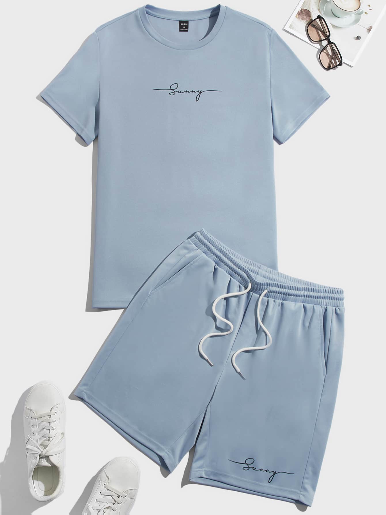 Manfinity Men Letter Graphic Tee & Drawstring Waist Shorts - Baby Blue - View 1