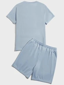 Manfinity Men Letter Graphic Tee & Drawstring Waist Shorts - Baby Blue - View 2