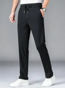 Men Drawstring Waist Slant Pocket Pants - Black - View 1
