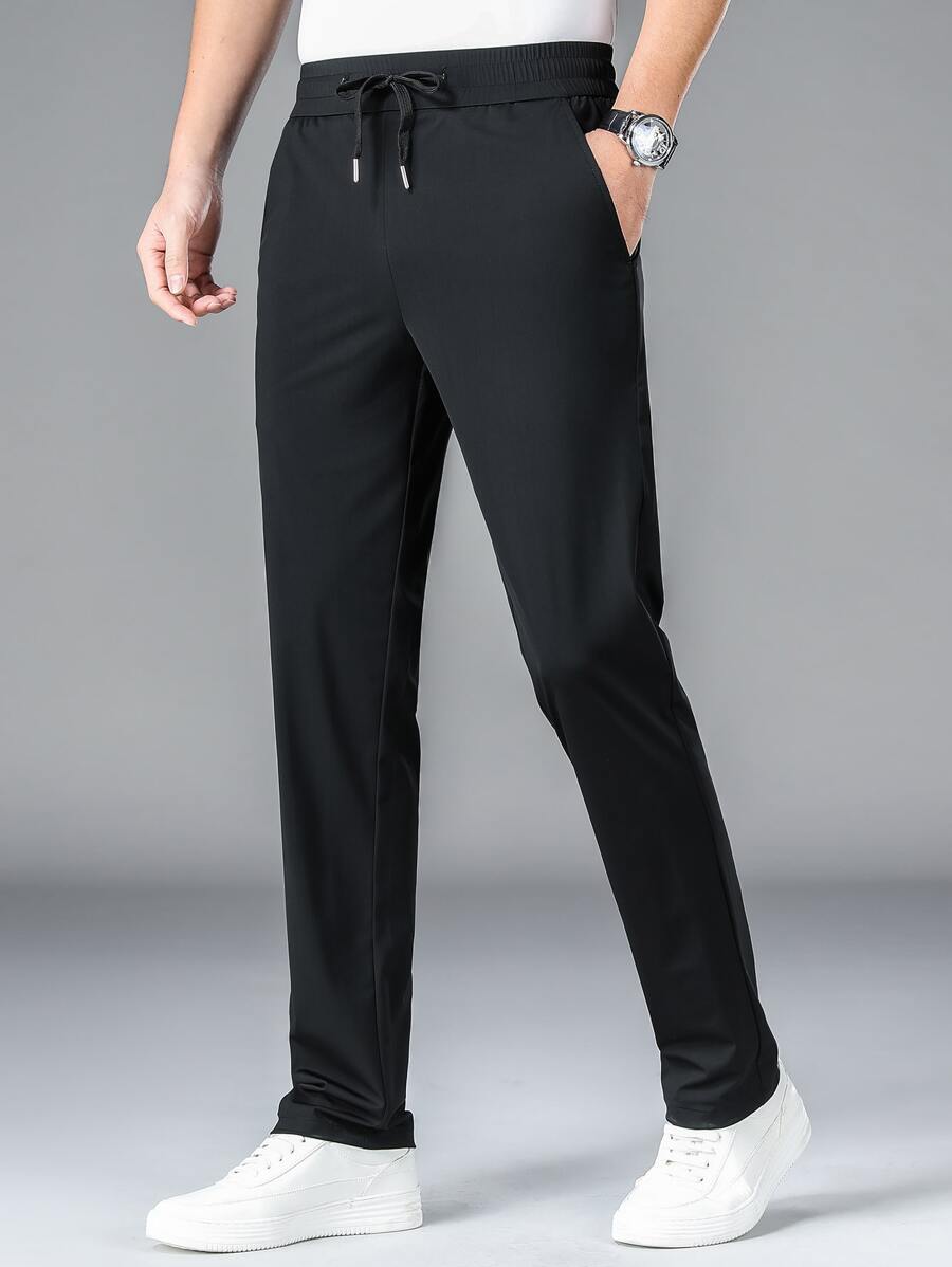 Men Drawstring Waist Slant Pocket Pants - Black - View 1