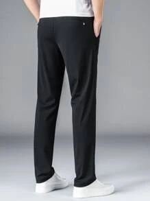 Men Drawstring Waist Slant Pocket Pants - Black - View 2