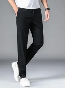 Men Drawstring Waist Slant Pocket Pants - Black - View 3