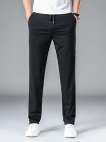 Men Drawstring Waist Slant Pocket Pants - Black - View 4