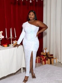 Vestido de un hombro de muslo con abertura con lentejuelas - Blanco - Ver 6