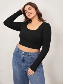 SHEIN BASICS Plus Scoop Neck Crop Tee - Black - View 1