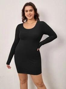 SHEIN BASICS Vestido Bodycon Con Cuello De Pala Sólido Para Tallas Grandes - Negro - Ver 3