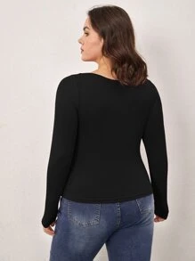 SHEIN BASICS Plus Solid Scoop Neck Tee - Black - View 2