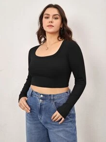 SHEIN BASICS Plus Scoop Neck Crop Tee - Black - View 3