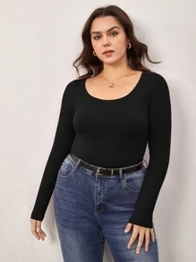 SHEIN BASICS Plus Solid Scoop Neck Tee - Black - View 3