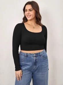 SHEIN BASICS Plus Scoop Neck Crop Tee - Black - View 4