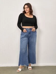 SHEIN BASICS Plus Scoop Neck Crop Tee - Black - View 5