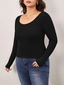 SHEIN BASICS Plus Solid Scoop Neck Tee - Black - View 5