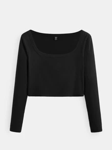 SHEIN BASICS Plus Scoop Neck Crop Tee - Black - View 6