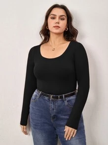 SHEIN BASICS Plus Solid Scoop Neck Tee - Black - View 6
